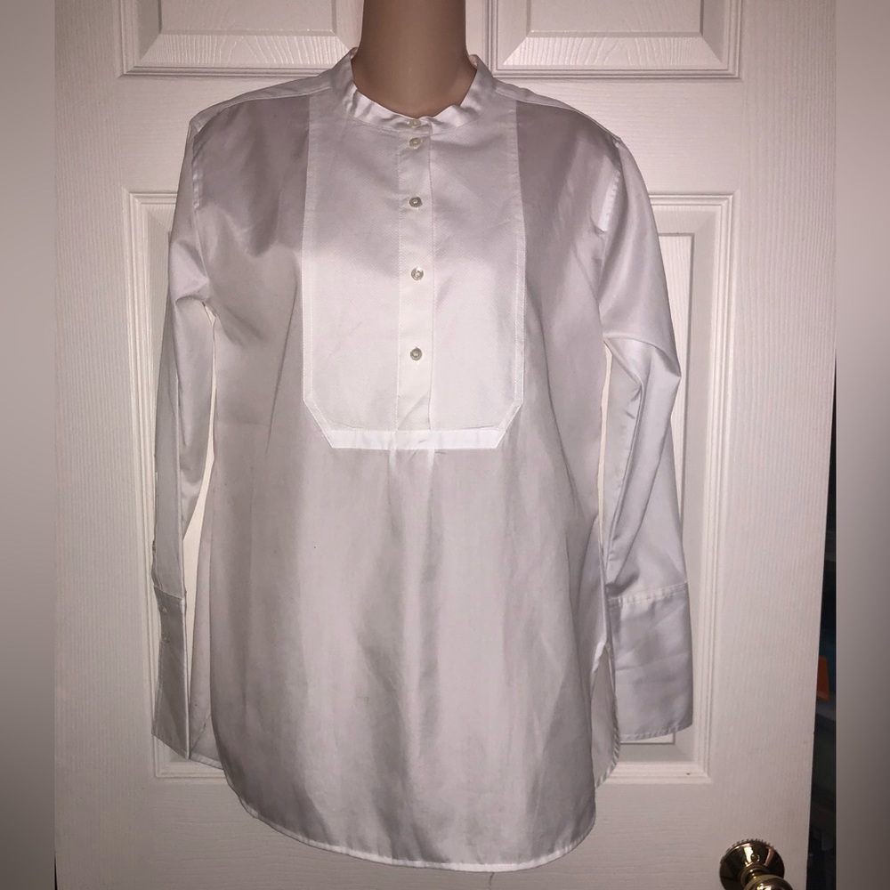 Jcrew Pique Bib Tuxedo Front Popover Mandarin Collar White Tunic Shirt Size 2